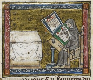 A scribe at work, from an illuminated manuscript from the Estoire del Saint Graal, France (Royal MS 14 E III c. 1315 – 1325. Courtesy of http://britishlibrary.typepad.co.uk/)