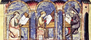 An illumination depicting a scriptorium in action, from a manuscript in the Biblioteca de San Lorenzo de El Escorial, Madrid, Spain, c. 14th century AD (Courtesy of medievalfragments.wordpress.com)
