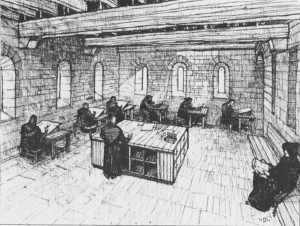 A depiction of a monastery's scriptorium, the isolated workshop the scribes would work in. (Courtesy of Horn et al, http://www.jstor.org/stable/20169021)