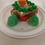 A triangle base with a graham cracker square on top. It's decorated with two green gumdrops on either side of a red starburst door. Green m&ms surround a hammock made out of smarties and an orange starburst on the roof