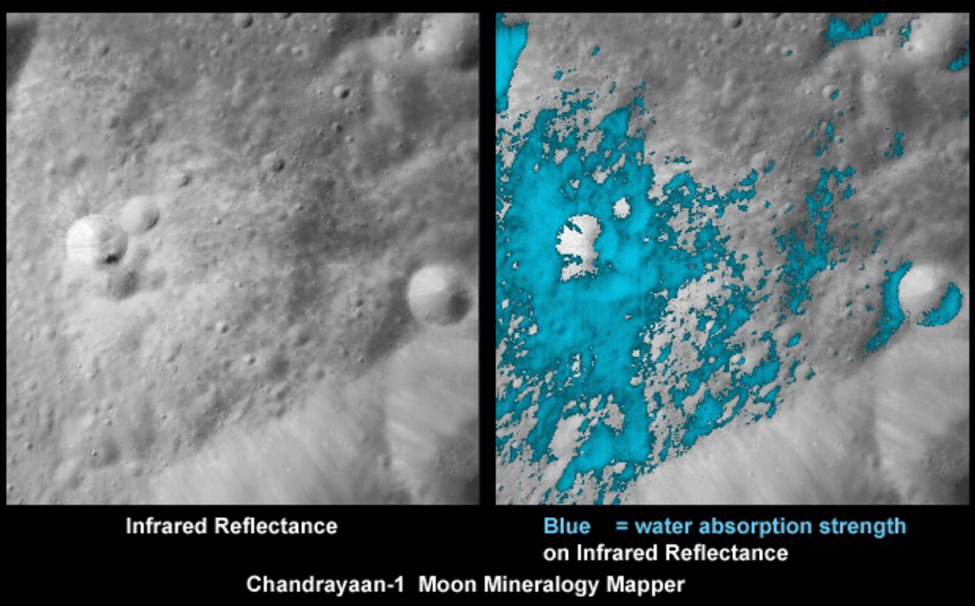 The Moon Mineralogy Mapper () located on India’s Chandrayaan-1 took infrared reflectance measurements of the Moon, allowing researchers from Brown University to develop a global map showing the amount of water throughout the lunar soil. (Source: Wikimedia Commons)