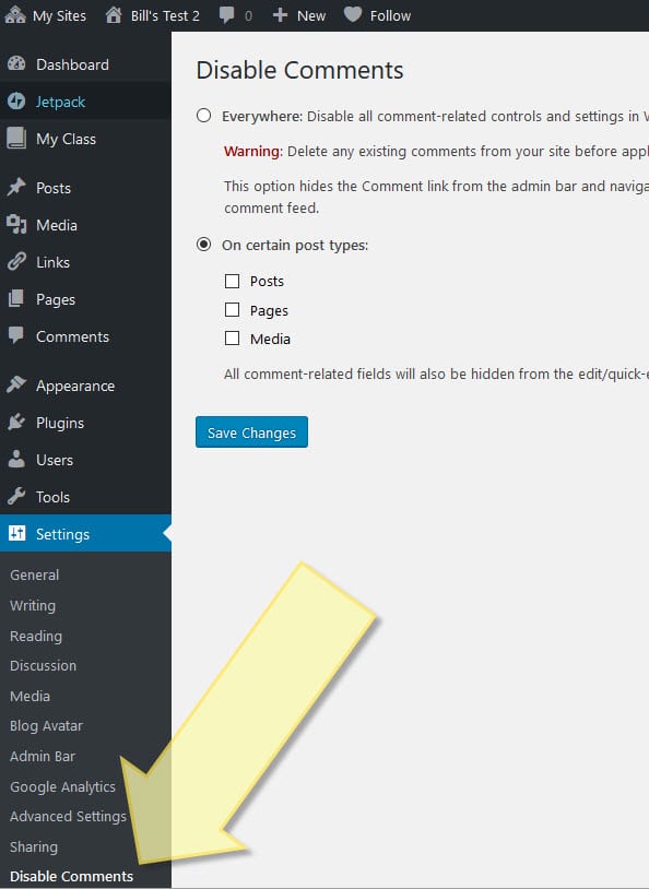 screenshot for Disable Comments setting