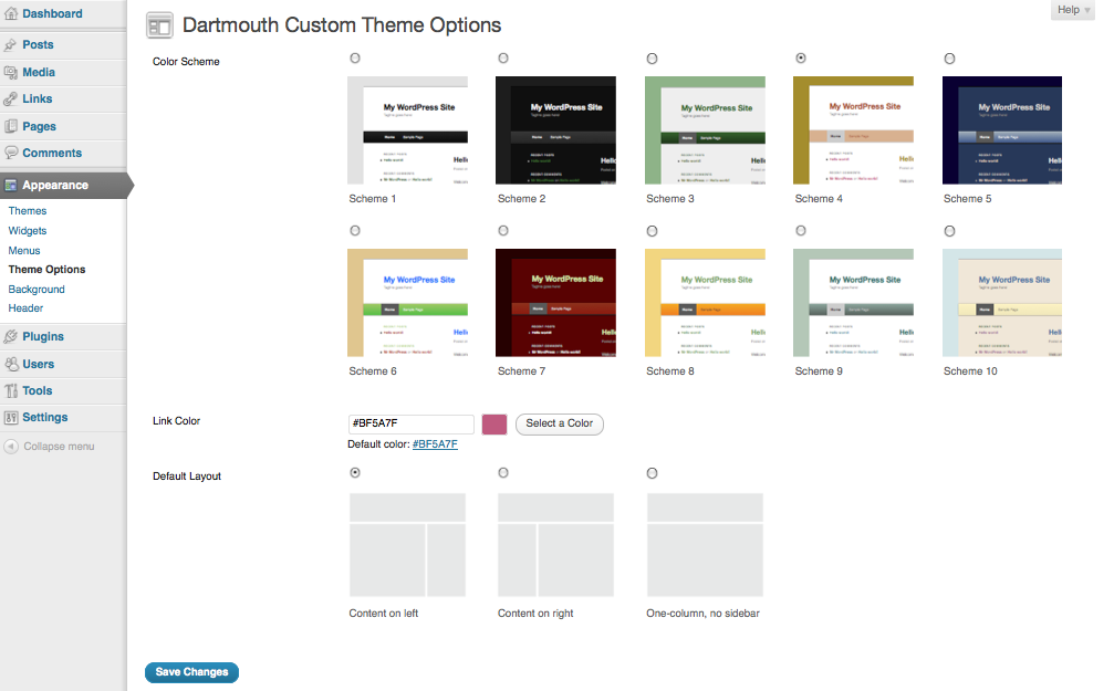 Dartmouth Custom theme options screenshot