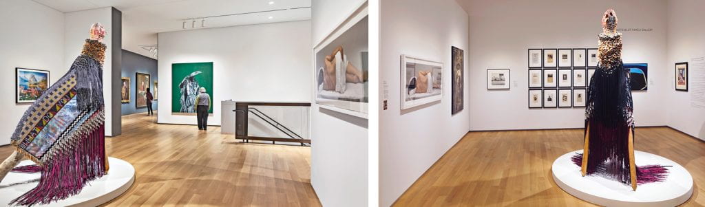 [Right:] A view of the exhibition American Art, Colonial to Modern standing in the exhibition Portrait of the Artist as an Indian / Portrait of the Indian as an Artist, in Hartevelt Gallery. Photo by Michael Moran. [Left:] Portrait of the Artist as an Indian / Portrait of the Indian as an Artist (on view January 26, 2019–February 23, 2020), in Hartevelt Gallery. Photo by Jeffrey Nintzel.