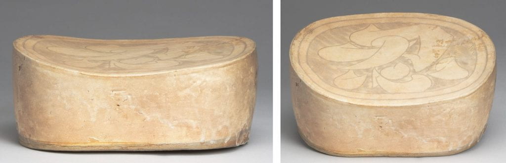 Two photographs and views of the same ancient Chinese ceramic pillow. The ceramic pillow is oval in shape, tan, and has some decorative markings on the headrest.