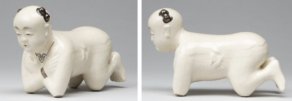 Two views of the same ancient Chinese ceramic pillow. The pillow resembles a person crouched on their elbows and knees. The back of the figure (or pillow) is meant as the headrest.