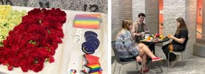 Two images grouped as one. On the left is an image of flowers and pride stickers on a table. On the right is a group 