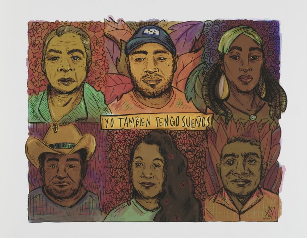 A print of six people who appear to be of Latino descent. There are three men and three women depicted.