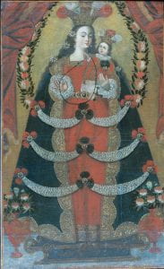This image depicts Our Lady of Pomata, a statue of Mary adorned with pearls harvested by enslaved divers and wearing garments made from Chinese silk and Spanish fabric. Feathers from the Andean ostrich adorn her crown, symbolizing connections between cultures and religions in the 18th century.