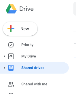 3. Once you are on your "Shared drives" page click on "+ New" to create a new Shared drive.