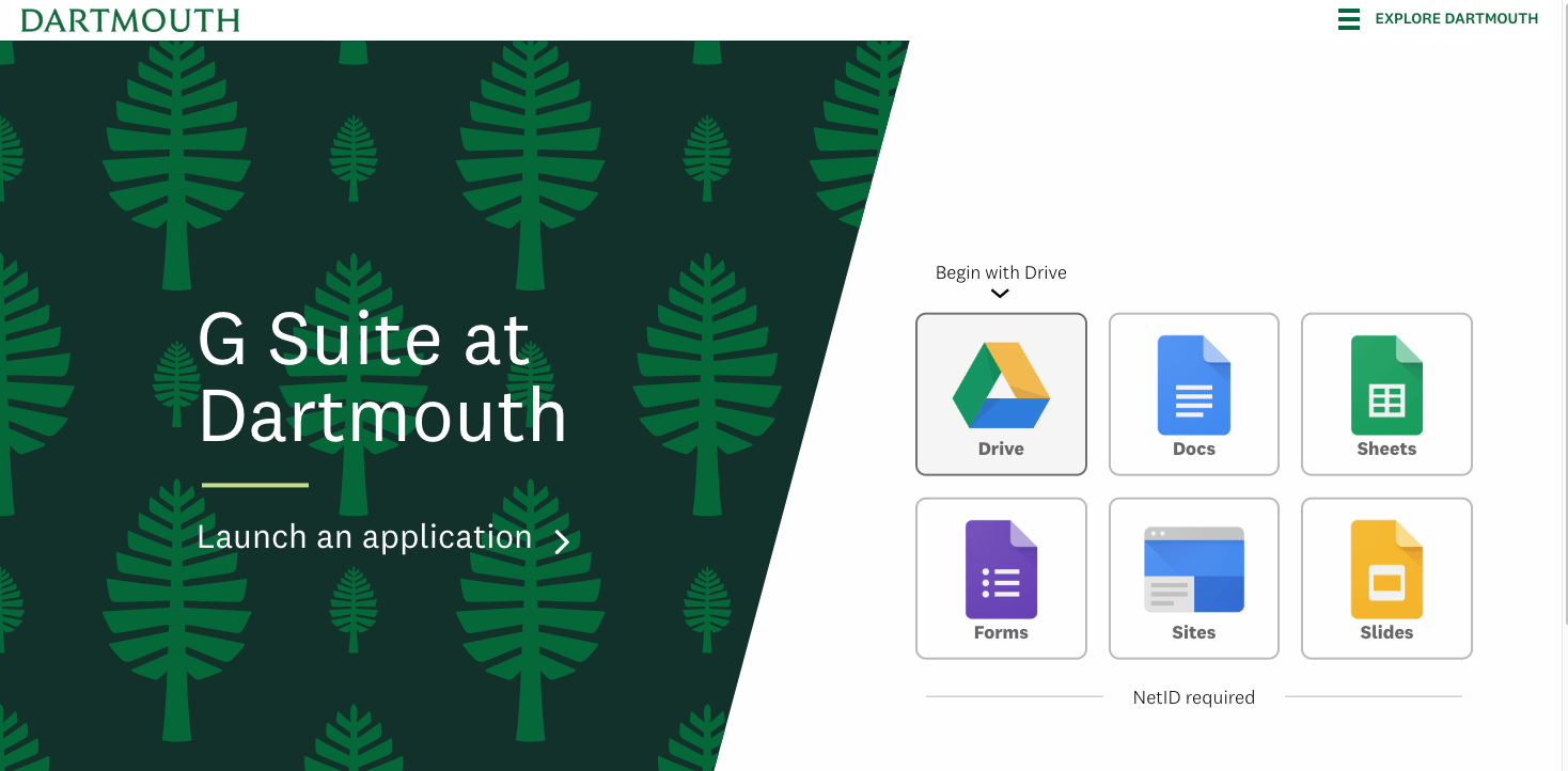 1. Access your Dartmouth account's Google Drive from google.dartmouth.edu. Click on the Google Drive logo from the home page.