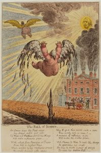 James Gillray’s print The Fall of Icarus, which includes an overweight, naked man with wings falling onto a stake, another large, naked figure flying away, and a sun with a stern face watching the scene.