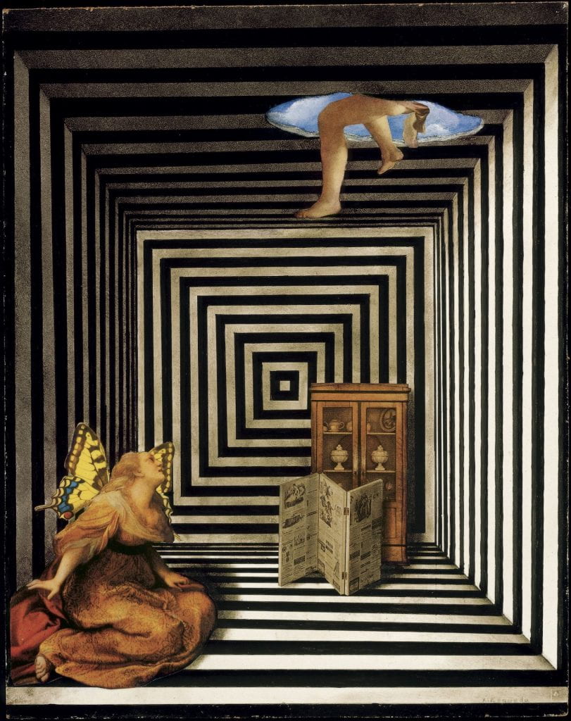 Xavier Esqueda’s collage The Relatives of Icarus (Los Parientes de Icaro), a scene contained in a black-and-white geometric box with a hole to the sky at the top, where Icarus escapes. In the bottom-left corner, a woman in a Renaissance-style dress gazes longingly at Icarus with a cutout butterfly behind her.